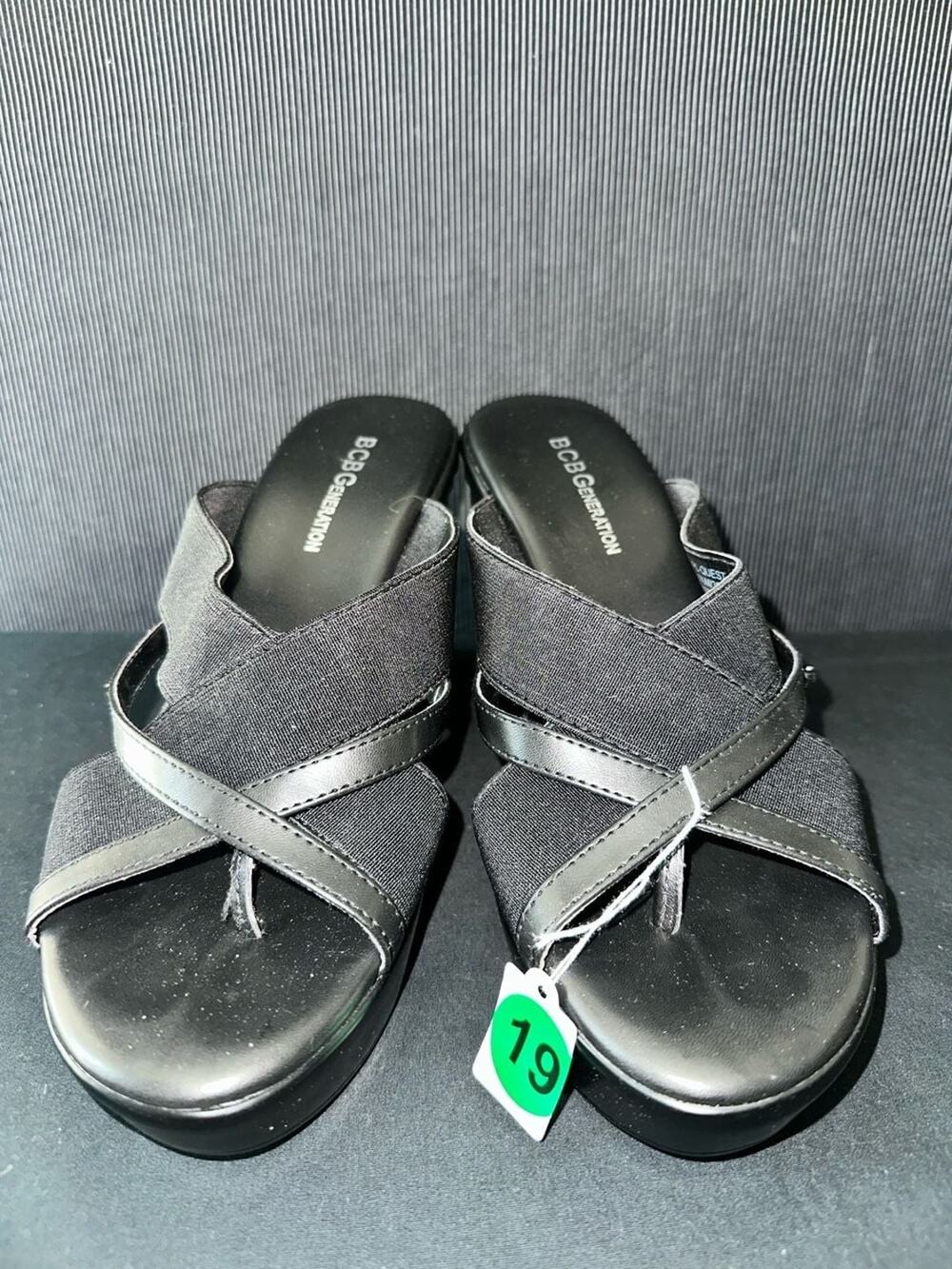No.19 BCBGeneration PL-QUEST Black Elastic Strappy Wedge Sandals